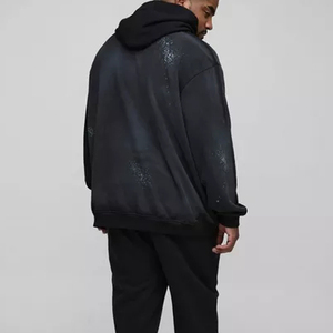 Men's <b>Black</b> 100% Cotton Custom Printed Embroidered Sun Fade Distressed <b>Fleece</b> Oversized Pullover Hoodie Drop Shoulder Spray Wash - Product Image 6
