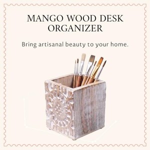 Porte-crayons artisanal en bois de manguier - Organisateur de bureau sculpté de style scandinave - Vente en gros - Product Image 4