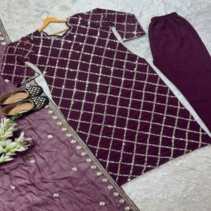 Ensemble haut et pantalon VASTRA COTTAGE en faux georgette avec broderie de sequins faite à la main, manches en dentelle fantaisie Moti, micro-dentelle intérieure - Product Image 2