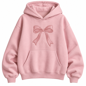 Sudadera con Capucha Rosa para Mujer, con Lazo Bordado en la Parte Delantera, Estilo Casual de Forro Polar, Manga Larga, Estilo Otoñal - Product Image 1