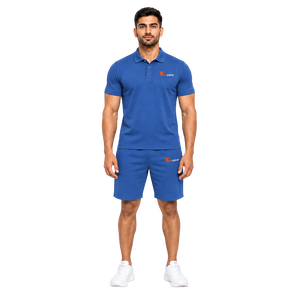 Men's Blue Cotton Polo Shirt & Shorts <b>Set</b> Solid Color Front Logo Breathable Summer Casual <b>Knitted</b> Fabric polo & Shorts <b>set</b> - Product Image 1