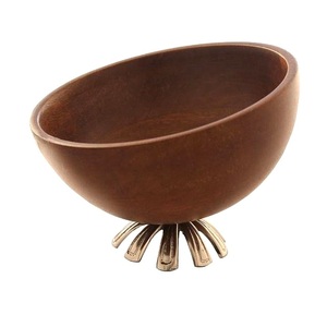 Organic Modern Dark Wood Bowl Gold Metal Leaf & Blossom Accent Dish Premium Sculptural Wooden Serving Bowl for Living Room - Product Image 6