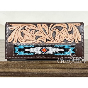 New Fashion Hand Tooled Leather Floral Design Men <b>Wallet</b> <b>RFID</b> Blocking Bifold Long Genuine Leather Beaded Multi Card Slot <b>Wallet</b> - Product Image 1