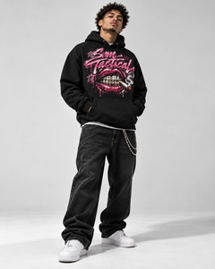 Sam Taktischer Hoodie Herren Übergroßer Schwarzer Baumwoll-French-Terry Hip-Hop-Print Sweatshirt mit Vordertasche und Grafikdesign - Product Image 1
