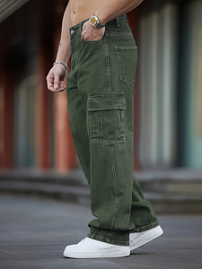 Jean cargo délavé bleu marine pour homme – Coupe droite décontractée, multi-poches, respirant et écologique – Convient à tous - Product Image 5