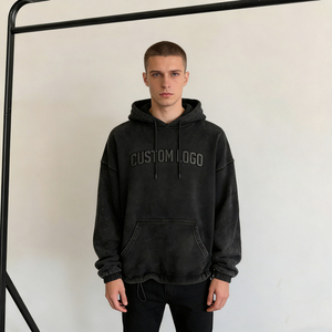 Sweat-shirts noirs pour hommes, coupe classique, effet délavé, avec logo personnalisé en relief, poche en polaire, style streetwear décontracté, ornés de strass, 100% coton, hiver - Product Image 2