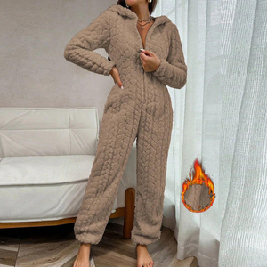 Pijama enterizo con capucha para mujer, de manga larga, color liso, de forro polar tejido, con cremallera, ropa cómoda para estar en casa, ropa de invierno - Product Image 5
