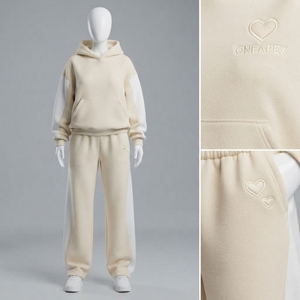 Conjunto Deportivo Informal para Mujer, Sudadera con Capucha Extra Grande Color Crema Rosa, Pantalones Jogger de Pierna Ancha, Conjunto de Dos Piezas - Product Image 4