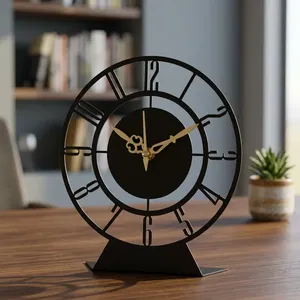 Reloj de Mesa Moderno de Metal Negro con Esfera de Esqueleto, Manecillas Doradas y Diseño de Números Romanos, Reloj Decorativo Independiente para Hogar u Oficina - Product Image 6