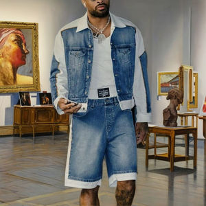 ชุดเซ็ตเสื้อแจ็คเก็ตเดนิมแบบต่อผ้าสีพื้นสำหรับฤดูหนาวและกางเกงยีนส์ขาสั้น 2 ชิ้น น้ำหนักเบา สีกลาง ลุควินเทจ สำหรับผู้ชาย - Product Image 1