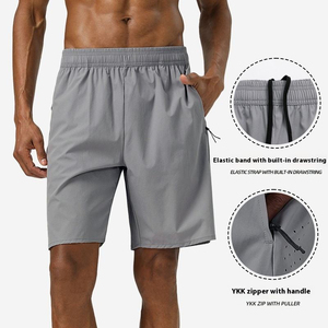 Shorts de sport gris pour homme, séchage rapide, taille mi-haute, bande élastique avec cordon de serrage, fermeture éclair YKK, longueur Bermuda, polyester tissé - Product Image 1
