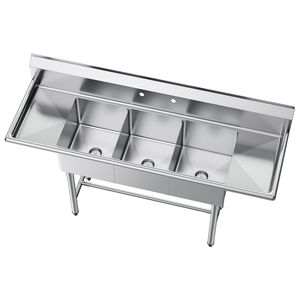 Évier de préparation commercial à 3 bacs en acier inoxydable 304 de calibre 18, dimensions des bacs : 14 po x 16 po x 11 po - Product Image 1
