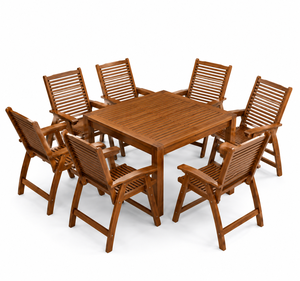 Ensemble de table à manger d'extérieur en teck moderne avec table carrée à lattes et 6 fauteuils pour patio, jardin, villa, hôtel - Product Image 1