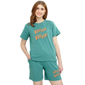 Conjunto de Verano para Mujer, Top Ventas, 100% Algodón, Transpirable, Informal, con Camiseta Estampada OEM y Pantalones Cortos - Product Image 1