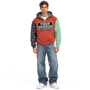 Sudadera con capucha para hombre, de algodón grueso, con diseño de bloques de color y efecto desgastado, con cremallera, bordado personalizado, estilo urbano, informal y a la moda. - Product Image 3