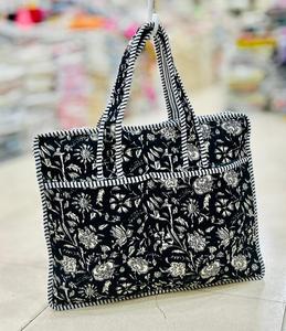 Bolso Tote Acolchado Floral para Mujer, Bolso de Hombro de Algodón, Bolso de Mano Abierto para Viajes Diarios - Product Image 1