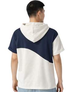 Customized <b>Men</b> Short Sleeve Hoodie T Shirt <b>Navy</b> Blue And White Color Block Casual Pullover Hooded Top Soft Cotton Summer Wear - Product Image 2