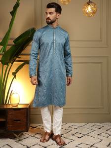 ชุดคุรตะผ้าฝ้ายคัดพิเศษสำหรับผู้ชาย พร้อมงานปักลายดั้งเดิมและงานกระจกตกแต่ง และกางเกงชูดิดาร์ผ้าฝ้ายผสม สำหรับใส่ในช่วงเทศกาล - Product Image 6