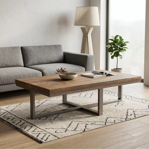 Premium Macron Coffee <b>Table</b> Recycled Wood Heavy Duty Metal Frame Modern Minimalist Living Room Furniture Eco-Friendly Durable - Product Image 1