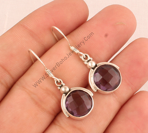 Boucles d'oreilles en argent sterling 925 avec améthyste, fabrication directe, haute qualité, pierre violette facettée, bijoux en gros, artisan indien - Product Image 1