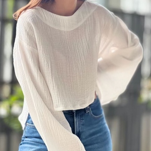 Camiseta Corta Blanca para Mujer, Hombros Caídos, Manga Larga, Cuello Redondo, Corte Holgado, Color Sólido, Transpirable, Tejido Ligero para Primavera/Verano - Product Image 1