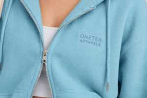 Sudadera con capucha azul claro para mujer, con cremallera completa, informal, de hombros caídos, manga larga, color liso - Product Image 5