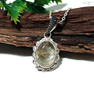 Natural Golden Rutilated Quartz Pendant, 925 Sterling <b>Silver</b> Gemstone <b>Necklace</b> with Chain Handmade Statement Jewelry Gift - Product Image 2