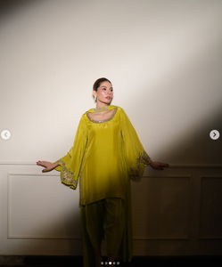 Women's Yellow Embroidered Silk <b>Kurta</b> Loose Fit Midi Traditional <b>Indian</b> Pakistani Party Wear - Product Image 4