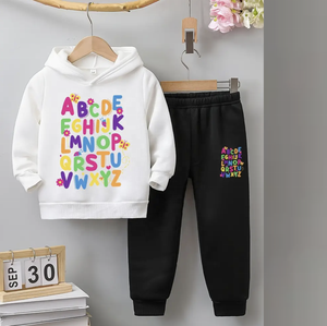 Conjunto de ropa informal para niñas, Sudadera con capucha y pantalones largos con estampado de alfabeto de dibujos animados, forro polar de punto de poliéster, diseño holgado de manga larga para invierno - Product Image 5