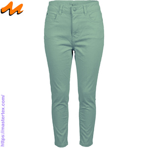 Pantalones de mezclilla de cintura media ajustados para mujer, de algodón/poliéster/elástico, de longitud completa, tela transpirable, para primavera, con un peso de 9.28 oz. - Product Image 1