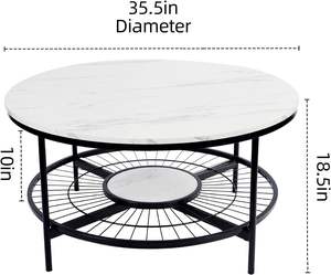 Mesa de Centro Redonda para Sala de Estar, Diseño Moderno en Forma de Sol con Almacenamiento Abierto, Tapa de Madera y Mármol, Estructura Metálica Resistente, Blanco y Negro - Product Image 6