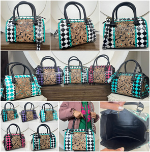 Nouveau sac Speedy de style occidental à carreaux noirs et blancs de taille moyenne pour femme, sac de voyage en cuir repoussé, sac à bandoulière en cuir de vachette - Product Image 3