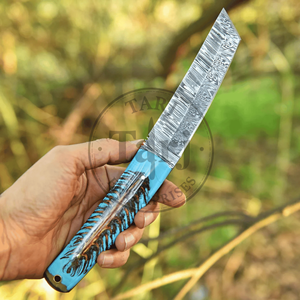 Couteau de chasse à lame fixe droite en acier Damas personnalisé, pointe clip, utilitaire extérieur, manche en résine, étui en cuir, OEM EDC de haute qualité - Product Image 5