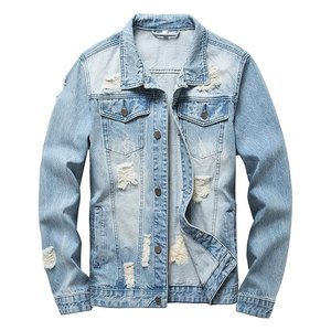 Chaqueta vaquera para hombre, corte ajustado, estilo rasgado, abrigo de mezclilla, chaqueta de moda urbana, mezcla de algodón, chaqueta trucker, chaqueta vaquera vintage - Product Image 1