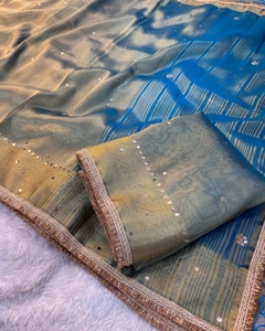 Sari en tissu de soie Banarasi orné de motifs KV (bleu clair) - Vêtement traditionnel pour les fêtes - Product Image 6