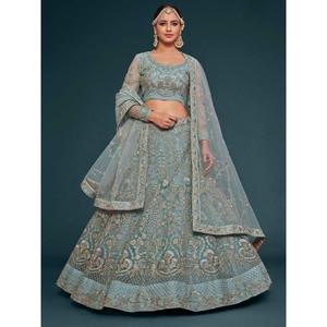 Fetching Aqua Blue Embroidered Soft <b>Net</b> Lehenga Choli With Dupatta - Product Image 1