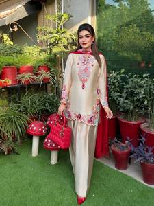 Fully Stitched & Ready to Wear <b>Women</b> Satin Embroidered <b>Kurta</b> Set With Dupatta Traditional Indian Pakistani Wedding Party Wear - Product Image 4