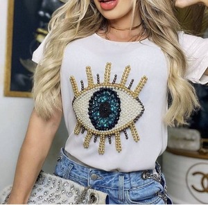 Camisola Elegante y Moderna para Mujer, Estilo Dulce, Satén con Lentejuelas y Cuentas, Hecha a Mano con Flecos Dorados, Ecológica y de Corte Corto - Product Image 3