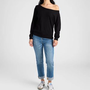 Haut d'hiver noir pour femmes, style décontracté, coupe ajustée, respirant, à manches longues, avec broderie frontale et épaules dénudées, pour la mode streetwear élégante - Product Image 1
