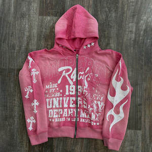Sweat à capuche court zippé pour femme, délavage vintage, ornements en strass, imprimé graphique vieilli, motifs flamme sur les manches - Product Image 3