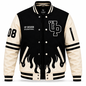 แจ็คเก็ตวาร์ซิตี้ผู้ชายแบบกำหนดเอง ดีไซน์ลายเปลวไฟ ตัวเสื้อทำจากผ้าขนสัตว์ แขนเสื้อทำจากหนัง PU แจ็คเก็ตเบสบอลแบบ Letterman ผู้ผลิต OEM ODM - Product Image 2
