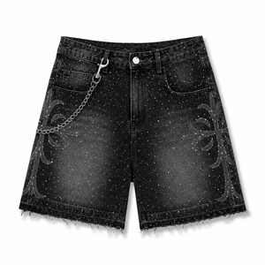 Nouveaux shorts en jean pour hommes à strass, style Y2K streetwear, baggy, hip-hop, imprimé croisé, noirs, avec chaîne amovible - Product Image 2