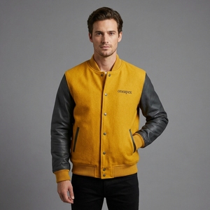 Men's Mustard Yellow Wool <b>Jacket</b> Black Leather Sleeves Custom Logo Rib Knit Collar Cuffs Snap Front Premium Streetwear Outerwear - Product Image 1