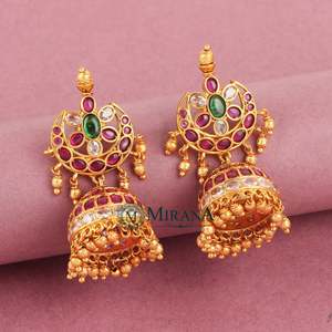 Saadhika Antique Gold Plated Pearl Drop Jhumka Earrings-Religious Geometric Flower Design - Product Image 1
