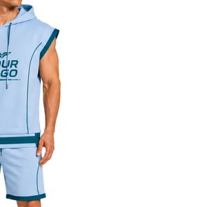 Custom Mens Sky Blue Teal <b>Sleeveless</b> Hooded Tracksuit Set Custom Logo Gym Fitness Training Sports <b>Hoodie</b> And Shorts Activewear - Product Image 4