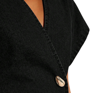 Womens <b>Black</b> Denim Washed 100% Cotton <b>Wrap</b> Style Short Sleeve V Neck Casual Blouse Elegant Office Summer Fashion Daily Wear Top - Product Image 5