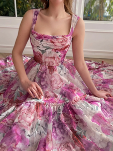 Vestido Maxi Estilo Corsé con Estampado Floral para Mujer, Escote Cuadrado Favorecedor, Sin Mangas, Vestido de Algodón Artesanal - Product Image 5