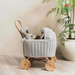 Toy doll <b>stroller</b> <b>for</b> girls; woven from natural rattan; features a wooden 4-wheel design; a toy <b>for</b> children. - Product Image 5