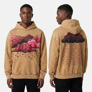 Sweat à capuche Tan Camel Wash pour homme, imprimé graphique Cœur rose et Nuages de pluie, coupe oversize, style streetwear, pull en coton personnalisé, fabricant - Product Image 1