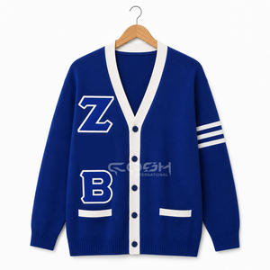 เสื้อคาร์ดิแกนถักไหมพรมคอวี แขนยาว สไตล์พรีปปี้ สีน้ำเงินขาวตัดกัน สำหรับผู้หญิง ของ Cosh International Custom Logo Sisterhood - Product Image 3